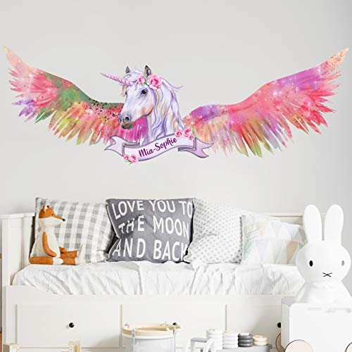 tjapalo® v124 Mädchen Wandtattoo Einhorn mit Namen Wandtattoo Kinderzimmer Mädchen name Mädchenzimmer kleinkind deko Wunschname, Größe: B110xH43cm von tjapalo