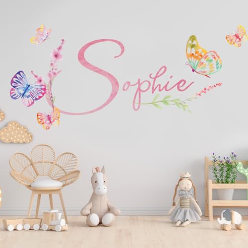 tjapalo® v37 Mädchen Wandtattoo mit Namen Wandtattoo Kinderzimmer Mädchen Aquarell Mädchenzimmer Name mit Schmetterlingen Wandtattoo Kinderzimmer Namen (B50xH24cm) von tjapalo