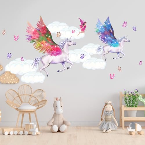 tjapalo® vr1 süßes wandtattoo Einhörner kinderzimmer mädchen Wandtattoo Mädchenzimmer Wandsticker Aquarell mit Glitzer Kristallen Wandtattoo Kinderzimmer Mädchen Wanddeko Babyzimmer, Größe: B58xH28cm von tjapalo