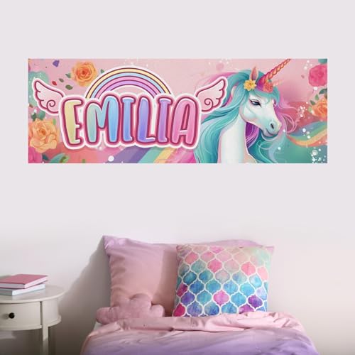 tjapalo® vz2 Wandbild Einhorn Kinderzimmer Poster mit Namen personalisiert Geschenk für Mädchen Poster für Mädchenzimmer Bilder Wandbild Kinderzimmer Mädchen, Größen Name: B140xH49cm von tjapalo