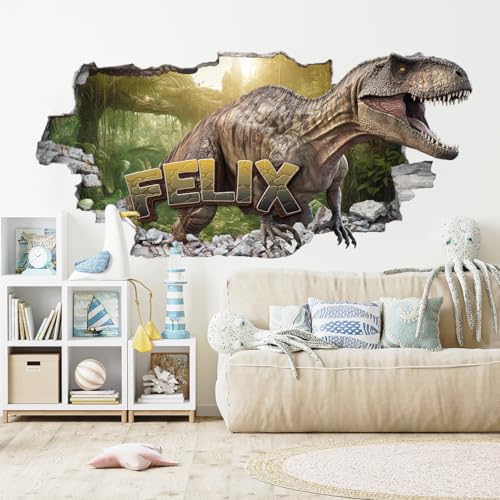 tjapalo® vz22N 3D Wandtattoo Kinderzimmer Name Deko Jungenzimmer Dino Wandtattoo T-Rex Wandsticker Kinderzimmer junge Name wandbilder dinosaurier, Größen Name: B100xH48cm von tjapalo