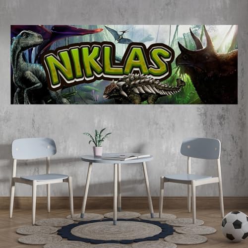 tjapalo® vz6 Dino Bild Dinosaurier Wandbild Dinosaurier Poster mit Namen personalisiert Kinderzimmer Bilder jungs dino bilder kinderzimmer jungen Name, Größen Name: B140xH50cm von tjapalo