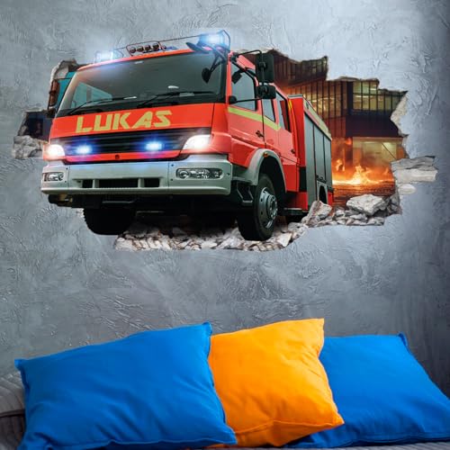 tjapalo® vz64 tjapalo® 3D Wandtattoo mit Namen Wandtattoo Feuerwehr Auto Wandaufkleber Wandtattoo Kinderzimmer junge Wandsticker Feuerwehr Kinder Deko Wandbild, Größen Name: B90xH47cm von tjapalo