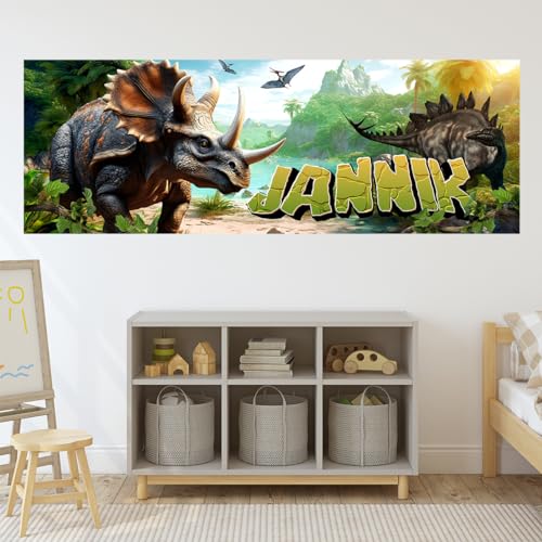 tjapalo® vz94 Kinderbilder Dino Bild Dinosaurier Wandbild Dinosaurier Poster mit Namen personalisiert Bild Kinderzimmer Bilder jungs dino bilder kinderzimmer jungen Name, Größen Name: B140xH49cm von tjapalo