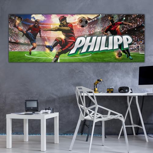 tjapalo® vz96 Kinderbilder Fussball Bild Fußballer Wandbild Fußball Poster mit Namen personalisiert Kinderzimmer Bilder jungs Fußballstadion bilder kinderzimmer jungen Name, Größen Name: B140xH49cm von tjapalo