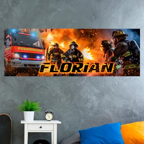 tjapalo® vz98 Bilder Kinderzimmer Poster mit Namen Kinderzimmer Wandbild Feuerwehr Auto Bild Kinderzimmer Feuerwehr Poster Feuerwehrbild Feuerwehrbilder, Größen Name: B140xH50cm von tjapalo