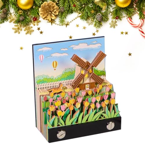 3D Tischkalender 2025, 3D Windmühle Kunst Kalender Memo Pad, Kreativer Zeitmesser Kalender, Abreißen 3D Papier Notizblock mit LED-Lichtern, Windmühle Kunst Kalender Papier Schnitzen Geschenk für von tkerinse