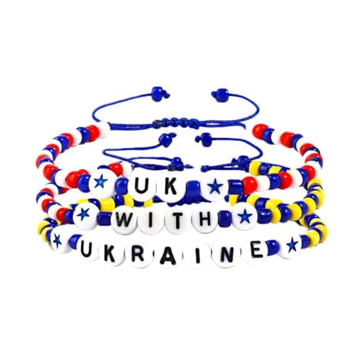 Mit ukrainischen Perlen-Armband-Set für Frauen, bunte, dehnbare stapelbare Armbänder, 3-teiliges ukrainisches patriotisches Armband-Set, blaue und gelbe Perlen, kein Edelstein von tkerinse