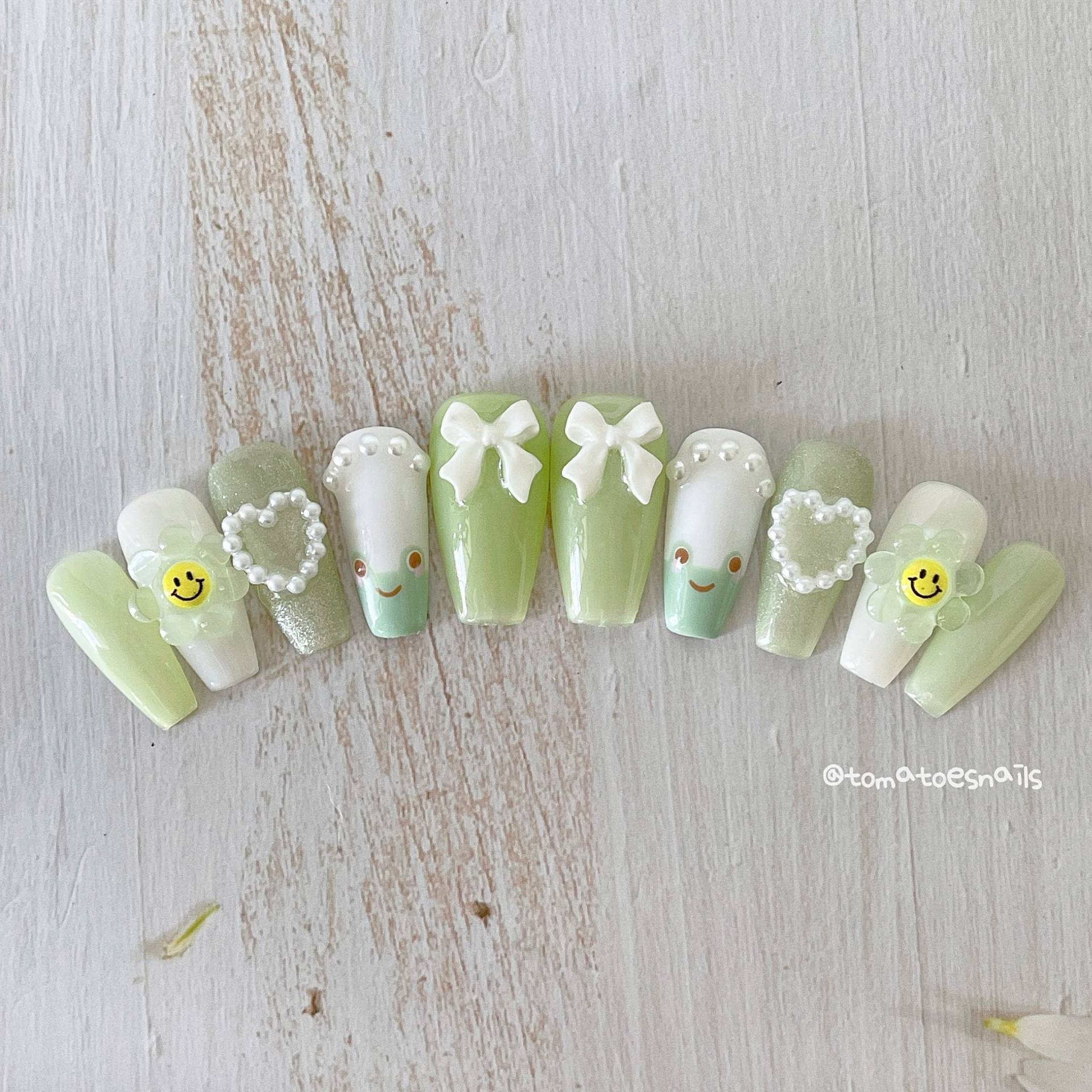 Kleiner Froggy Nägel, Süße Frosch-Nägel, Kawaii Jelly Green Handgemachte Presse Auf Wiederverwendbare Nägel von tomatoesnails