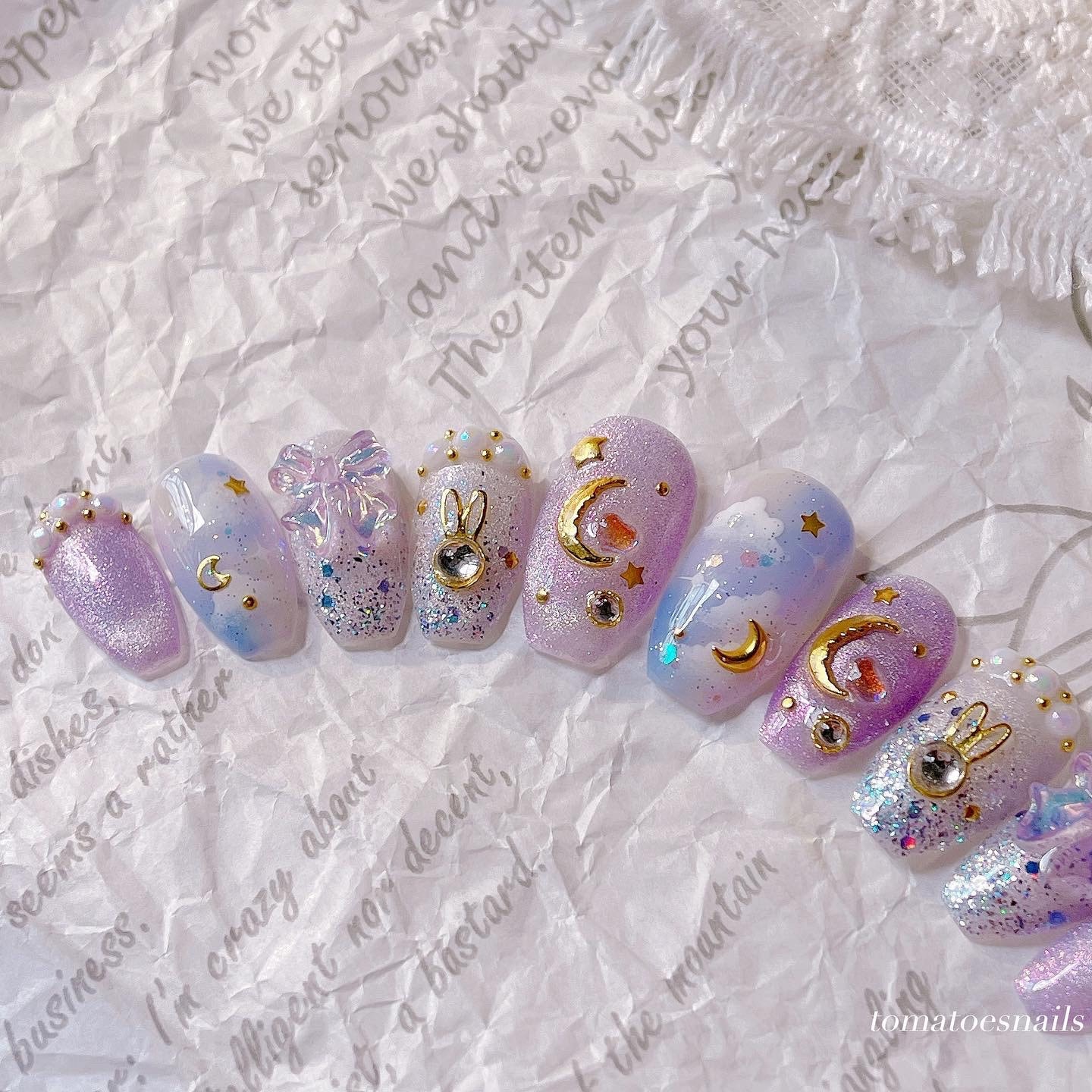 Lilac Sky Nails , Mond Und Star Bunny Kawaii Press On Glitzer Pastell Cloud von tomatoesnails