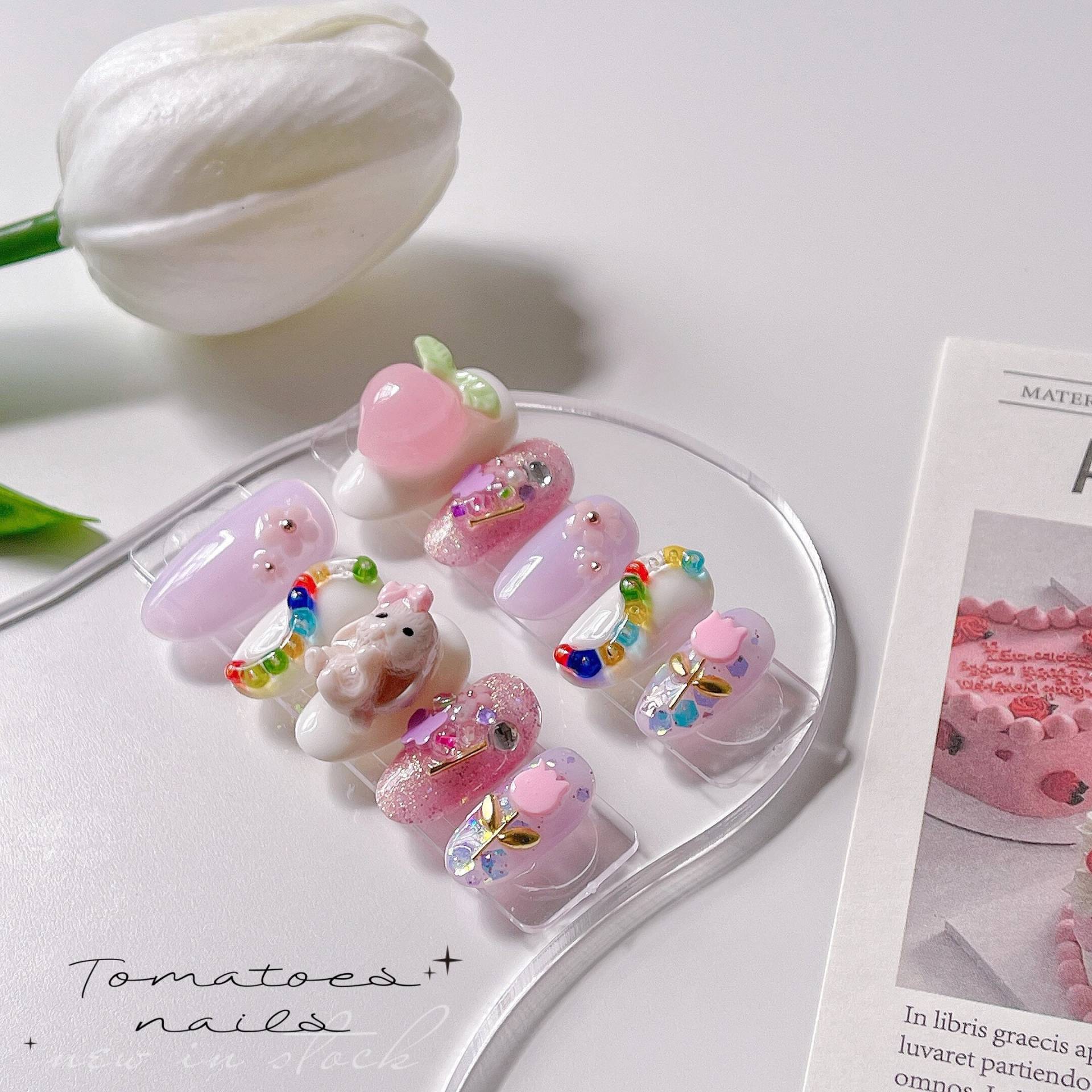 Süße Süße Pfirsich - Und Häschen-Pressnägel, Kawaii-Glitzernägel, Pfirsichfarbene Baby-Kaninchen-Tulpennägel, Kawaii 3D-Nägel, Tomatennägel von tomatoesnails