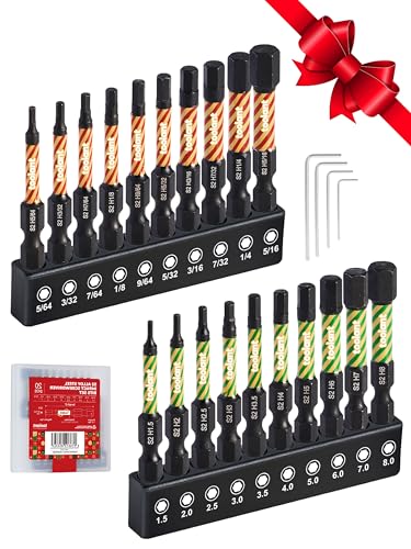 toolant Impact Sechskant-Sechskantschlüssel-Bohrer-Set, 20-teilig (metrisch & SAE), 6,35 mm Sechskantschaft, S2-Stahl, CNC-gefräste Spitzen mit Magnetismus, 5,1 cm lang mit Aufbewahrungsbox, von toolant
