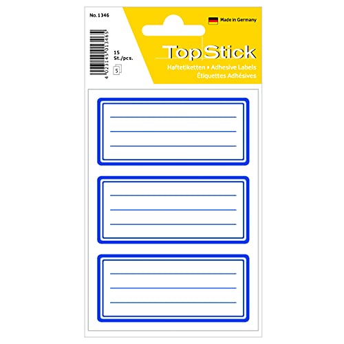 TopStick 1346 Buchetiketten zum Beschriften neutral blauer Rand, 150 Stück, 76 x 35 mm, selbstklebend, liniert, Buchaufkleber für Schule Kinder Mädchen Jungen, blanko Heftetiketten Aufkleber, weiß von TopStick