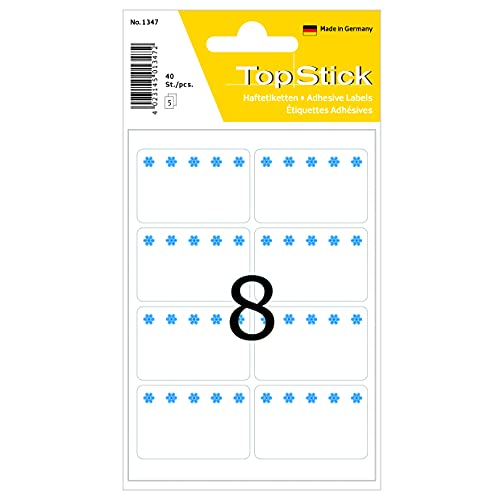 TopStick 1347 Tiefkühletiketten, 40 Stück, 40 x 26 mm, 8 pro Bogen, selbstklebend, matt, blanko Papier Gefrieretiketten zum Beschriften, Klebeetiketten Aufkleber für Gefriergut, weiß von TopStick