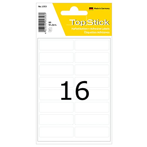 TopStick 1353 Vielzweck-Etiketten mini, 80 Stück, 40 x 13 mm, 16 pro Bogen, selbstklebend, Haushaltsetiketten zum Beschriften, matt, blanko Papier Klebeetiketten Aufkleber, weiß von TopStick