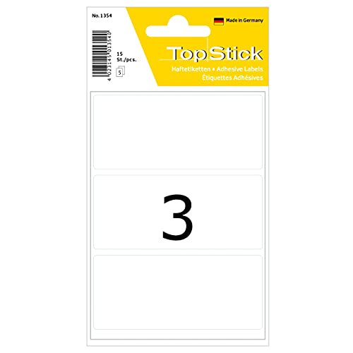 TopStick 1354 Vielzweck-Etiketten groß, 15 Stück, 82 x 36 mm, 3 pro Bogen, selbstklebend, Haushaltsetiketten zum Beschriften, matt, blanko Papier Klebeetiketten Aufkleber, weiß von TopStick