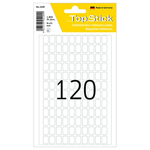 TopStick 2200 Vielzweck-Etiketten, 1800 Stück, 8 x 12 mm, 120 pro Bogen, selbstklebend, Haushaltsetiketten zum Beschriften, matt, blanko Papier Klebeetiketten Aufkleber, weiß von TopStick