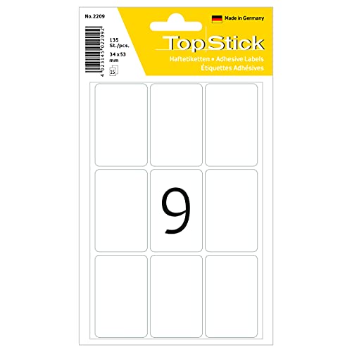 TopStick 2209 Vielzweck-Etiketten, 1350 Stück, 34 x 53 mm, 9 pro Bogen, selbstklebend, Haushaltsetiketten zum Beschriften, matt, blanko Papier Klebeetiketten Aufkleber, weiß von TopStick