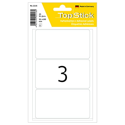 TopStick 2216 Vielzweck-Etiketten, 45 Stück, 100 x 52 mm, 3 pro Bogen, selbstklebend, Haushaltsetiketten zum Beschriften, matt, blanko Papier Klebeetiketten Aufkleber, weiß von TopStick