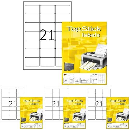 TopStick 8699 Adressetiketten, 100 Blatt, 63,5 x 38,1 mm, 21 Stück pro A4 Bogen, 2100 Aufkleber, selbstklebend, bedruckbar, blanko Universal Etiketten aus Papier für Laser/Inkjet Drucker, weiß von TopStick