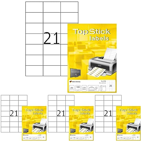 TopStick 8708 Adressetiketten, 100 Blatt, 70 x 42,3 mm, 21 Stück pro A4 Bogen, 2100 Aufkleber, selbstklebend, bedruckbar, blanko Universal Etiketten aus Papier für Laser/Inkjet Drucker, weiß von TopStick