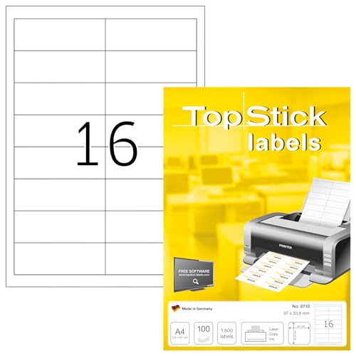 TopStick 8710 Universal Etiketten, 1000 Blatt, 97 x 33,8 mm, 16 pro A4 Bogen, 16000 Stück, selbstklebend, bedruckbar, matt, blanko Papier Klebeetiketten Aufkleber, weiß von TopStick