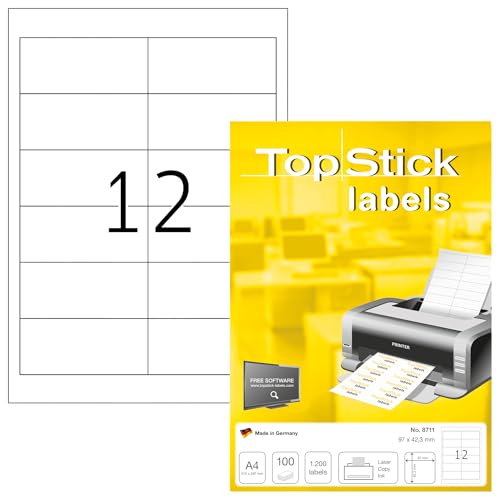 TopStick 8711 Universal Etiketten, 100 Blatt, 97 x 42,3 mm, 12 pro A4 Bogen, 1200 Stück, selbstklebend, bedruckbar, matt, blanko Papier Klebeetiketten Aufkleber, weiß von TopStick