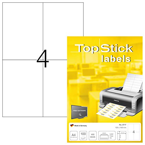TopStick 8717 Universal Etiketten, 100 Blatt, 105 x 148 mm, 4 pro A4 Bogen, 400 Stück, selbstklebend, bedruckbar, matt, blanko Papier Klebeetiketten Aufkleber, weiß von TopStick