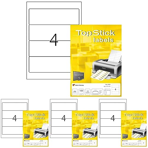 TopStick 8722 Ordnerrücken Etiketten DIN A4 (192 x 61 mm, 100 Blatt, Papier, matt) selbstklebend, bedruckbar, permanent haftend Ordneretiketten, 400 Rückenschilder, weiß (Packung mit 4) von TopStick