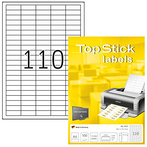 TopStick 8727 Universal Etiketten, 100 Blatt, 38,1 x 12,7 mm, 110 pro A4 Bogen, 11000 Stück, selbstklebend, bedruckbar, matt, blanko Papier Klebeetiketten Aufkleber, weiß von TopStick