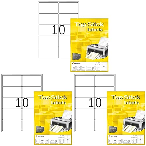 TopStick 8773 Adressetiketten, 100 Blatt, 99,1 x 57 mm, 10 Stück pro A4 Bogen, 1000 Aufkleber, selbstklebend, bedruckbar, blanko Universal Etiketten aus Papier für Laser/Inkjet Drucker, weiß von TopStick