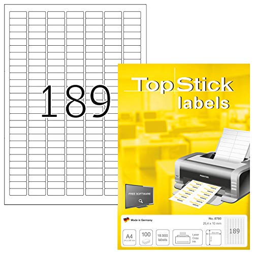 TopStick 8780 Universal Etiketten, 1000 Blatt, 25,4 x 10 mm, 189 pro A4 Bogen, 189000 Stück, selbstklebend, bedruckbar, matt, blanko Papier Klebeetiketten Aufkleber, weiß von TopStick