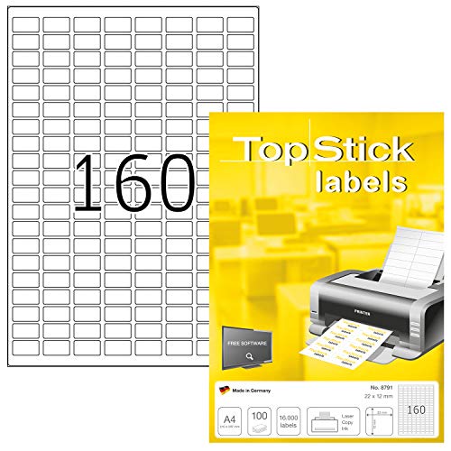 TopStick 8791 Universal Etiketten, 1000 Blatt, 22 x 12 mm, 160 pro A4 Bogen, 160000 Stück, selbstklebend, bedruckbar, matt, blanko Papier Klebeetiketten Aufkleber, weiß von TopStick