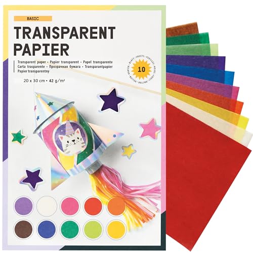 Transparentpapier Set im Heft ca. 20 x 30 cm | Drachenpapier 10 Blatt bunt 42g/qm² Laternen Fensterbilder Windlichter von trendmarkt24