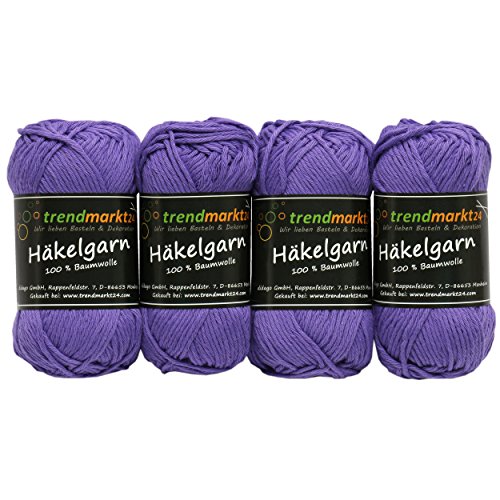 trendmarkt24 Häkelgarn Set Violett 4 Baumwollknäuel 50g Topflappen Garn waschbar 60°C von trendmarkt24