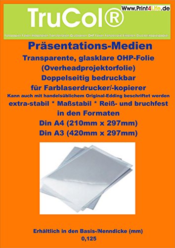 100 Blatt DIN A3 KLAR/TRANSPARENTE glasklare OHP-Folie für Laserdrucker Kopierer Farblaser mit einer speziellen beidseitigen Oberflächenbeschichtung für perfekte s/w und farbige Präsentationen Drucke. Optimale Tonerhaftung für den Einsatz auf Farb- und/oder Monocchrom (s/w), Laser-Druckern bzw. Kopierern von trucol