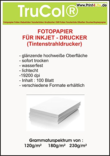 1000 Blatt Fotopapier DIN A4, 180g/qm, high -Glossy (hoch-glänzend) -sofort trocken -wasserfest-hochweiß-sehr hohe Farbbrillianz, für Inkjet Drucker (Tintenstrahldrucker) von trucol