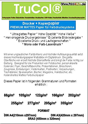 125x 166g /m² DIN A3 MATT Weisses holzfreies Kopier Papier für Farbdrucksysteme Kopierer Laser Copy Inkjet Tintenstrahldrucker Farblaser Laserdrucker von trucol