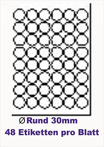 4800 Stk. Selbstklebende WEIßE Etiketten permanent klebend Adressetiketten Markierungspunkte Etikettenformat RUND Ø 30,0mm , 100 Blatt DIN A4, 70g/qm, geeignet für Inkjetdrucker-, Laserdrucker und Kopierer. von trucol