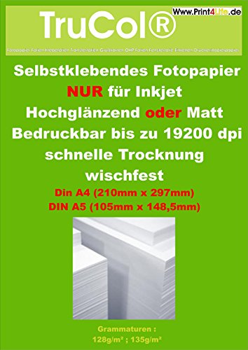 50 Blatt DIN A4 Fotopapier 135g /m² hochglänzend selbstklebend bis 19200 dpi wasserfest lichtecht von trucol