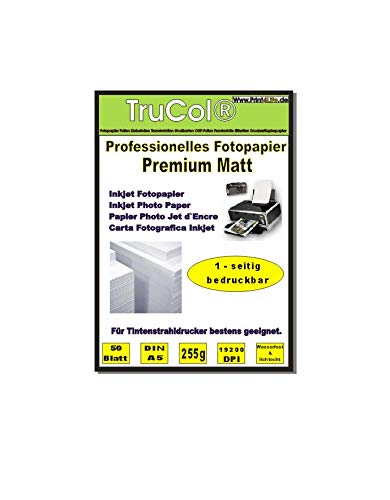 50 Blatt DIN A5 255g /m² Premium MATT Fotopapier hochweiß für Tintenstrahldrucker sofort trocken wasserfest lichtecht Flyerpapier Broschüren Vorlagen Grußkarten Photopapier Einladungskarte von trucol