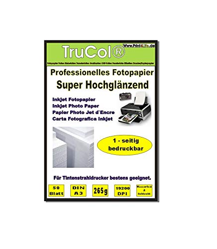 50 Blatt Fotopapier Photopapier DIN A3 265g/qm - einseitig Glossy (glaenzend) - sofort trocken - wasserfest - hochweiß - sehr hohe Farbbrillianz Fuer Inkjet Drucker (Tintenstrahldrucker) von trucol