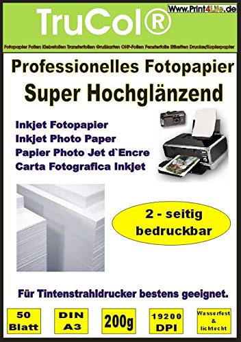 BEIDSEITIG 50 Blatt Fotopapier Photopapier DIN A3 200g /qm - beidseitig Glossy (glaenzend) - sofort trocken - wasserfest - hochweiß - sehr hohe Farbbrillianz Fuer Inkjet Drucker (Tintenstrahldrucker) von trucol