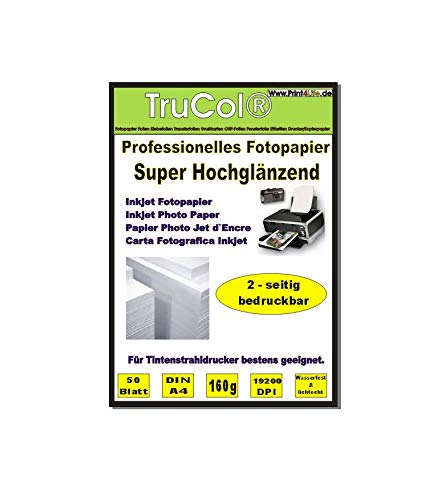 BEIDSEITIG 50 Blatt Fotopapier Photopapier DIN A4 160g /qm - beidseitig Glossy (glaenzend) - sofort trocken - wasserfest - hochweiß - sehr hohe Farbbrillianz Fuer Inkjet Drucker (Tintenstrahldrucker) von trucol