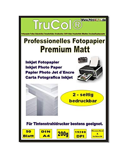 Beidseitig 50 Blatt DIN A4 200g /m² Premium MATT Fotopapier matt - sofort trocken - wasserfest - hochweiß - sehr hohe Farbbrillianz für Tintenstrahldrucker Flyerpapier Broschüren Vorlagen von trucol