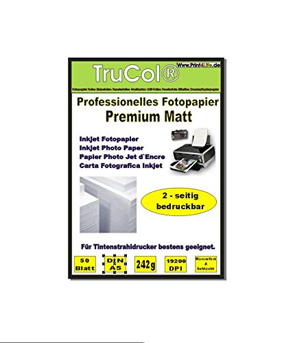 Beidseitig 50 Blatt DIN A5 242g /m² Premium MATT Fotopapier hochweiß für Tintenstrahldrucker sofort trocken wasserfest lichtecht Flyerpapier Broschüren Vorlagen Grußkarten Photopapier Einladungskarte von trucol