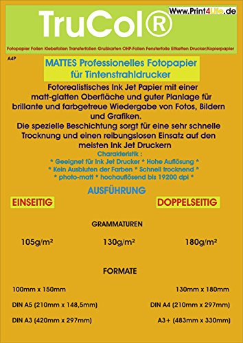 DIN A3 Inkjet Papier, Photo – matt, 130g /m², 50 Blatt, 2-seitig beschichtet von trucol