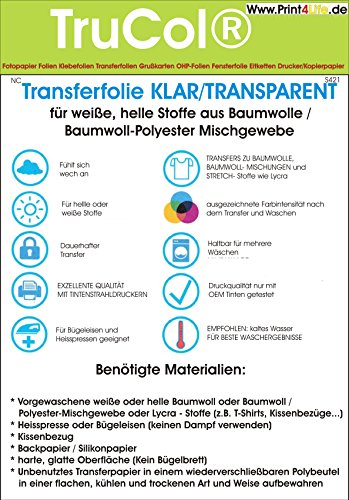 Inkjet Transferpapier zum aufbügeln auf helle T-Shirts, DIN A4, 20 Blatt Transferfolie T-Shirtfolie KLAR/TRANSPARENT für Baumwollstoffe und Bauwoll-Polyester Mischgewebe und Lycra-Stoffe von trucol