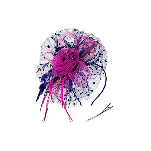 tuwiwol Vintage Frauen Plume Fascinator Retro Stil Schleier Hut Stirnband Clip Kopfschmuck Haarnadel Kopfbedeckung für Hochzeitsfeier, Marine+Rosarot von tuwiwol