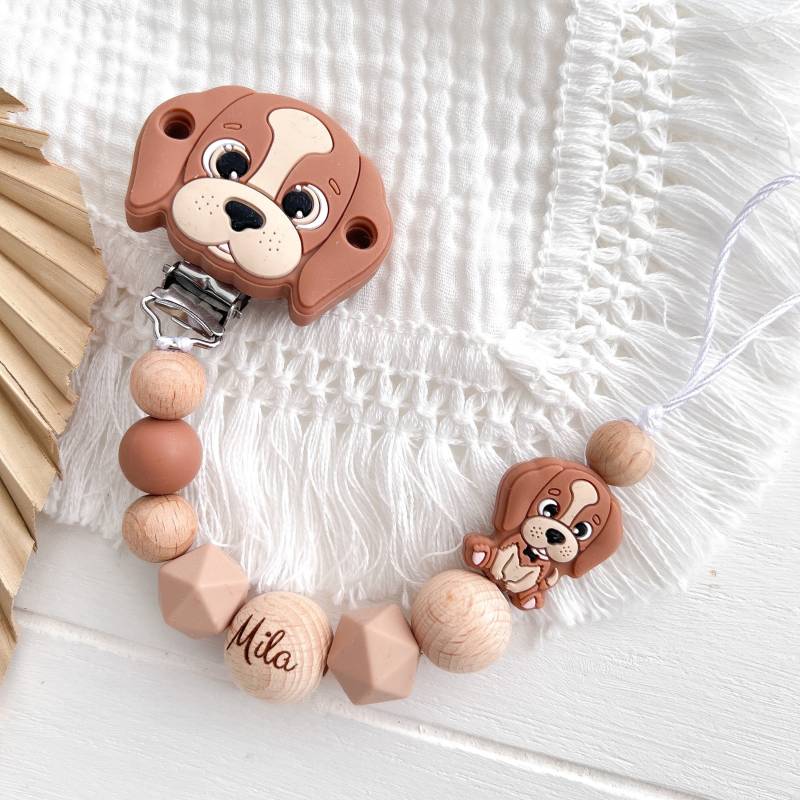 Schnullerkette Baby Hund Mit Name Silikon Holz Natur Mädchen Junge Dog Beige Braun von tweetybabyshop24